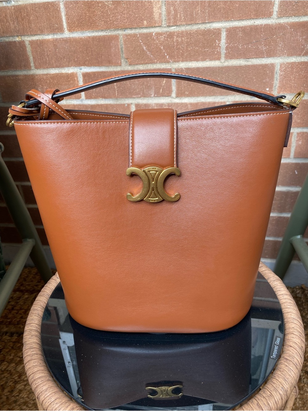 Cognac Leather Bucket Bag with Gold Accent